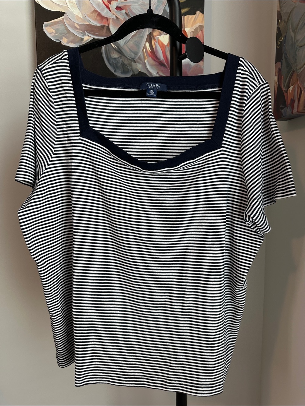 Chaps Navy & White Striped Square-Neck Short Sleeve Tee